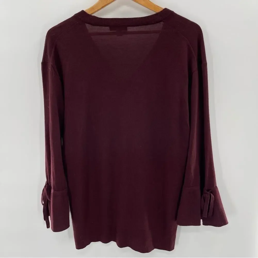 J. Crew Burgundy Wine Merino Wool V-Neck Sweater Ruffle Sleeve Size S